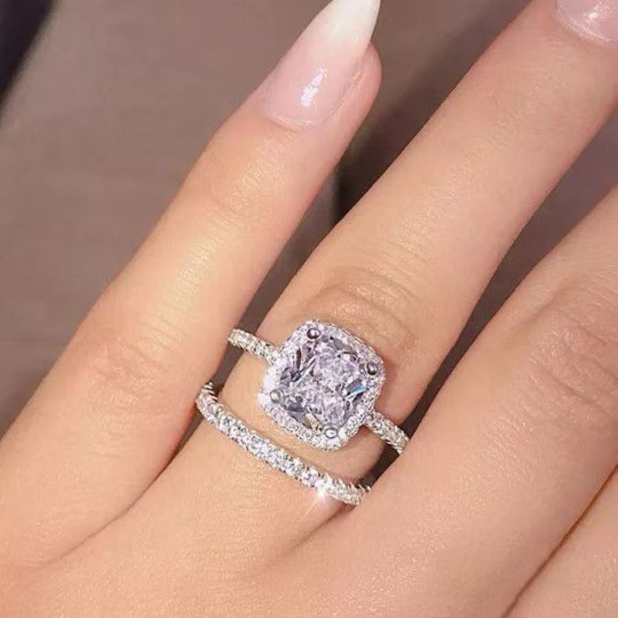 2pc wedding engagement ring bridal ring square inlaid zircon ring jewelry couple set ring, ladies size 5-11 Silver
