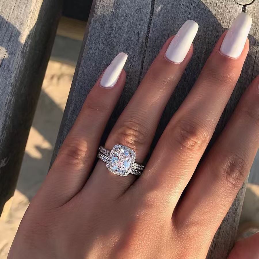 2pc wedding engagement ring bridal ring square inlaid zircon ring jewelry couple set ring, ladies size 5-11 Silver