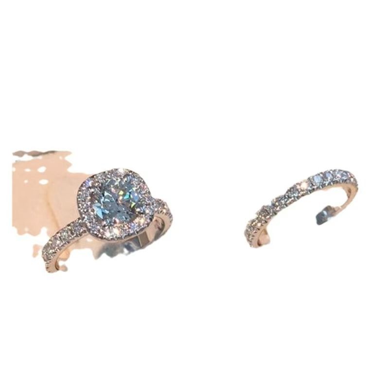 2pc wedding engagement ring bridal ring square inlaid zircon ring jewelry couple set ring, ladies size 5-11 Silver