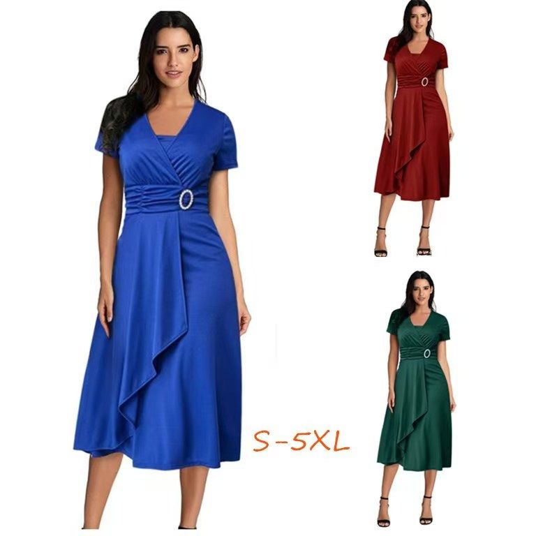 2023 amazon wish independent station fashion temperament asymmetrical large skirt v-neck dress party evening dress. blue S