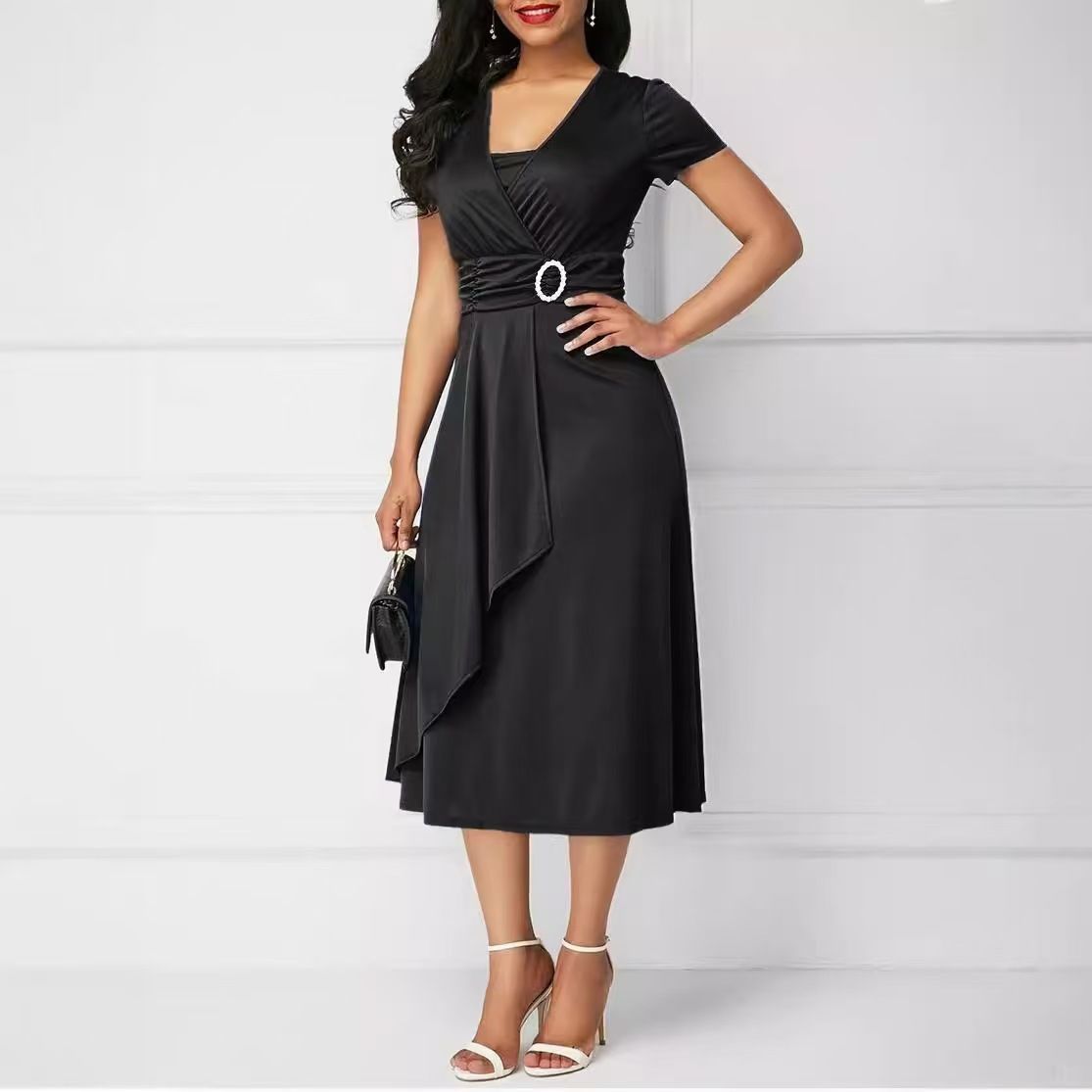 2023 amazon wish independent station fashion temperament asymmetrical large skirt v-neck dress party evening dress. blue S