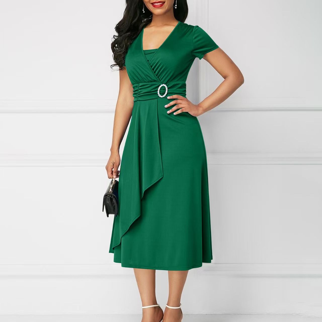 2023 amazon wish independent station fashion temperament asymmetrical large skirt v-neck dress party evening dress. blue S