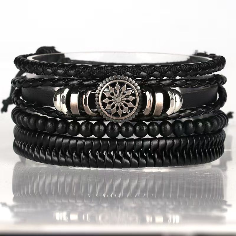 4Pcs/ Set Braided Wrap Leather Bracelets for Men Vintage Life Tree Rudder Charm Wood Beads Ethnic Tribal Wristbands A one size