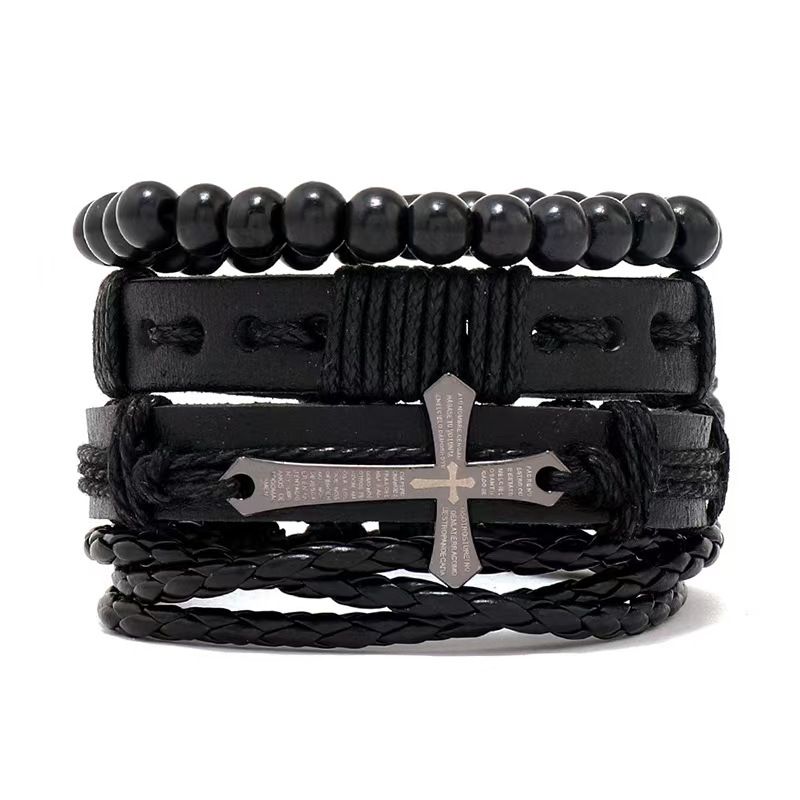 4Pcs/ Set Braided Wrap Leather Bracelets for Men Vintage Life Tree Rudder Charm Wood Beads Ethnic Tribal Wristbands A one size