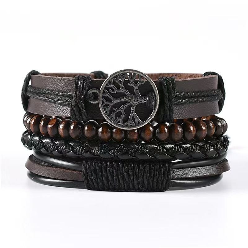 4Pcs/ Set Braided Wrap Leather Bracelets for Men Vintage Life Tree Rudder Charm Wood Beads Ethnic Tribal Wristbands A one size