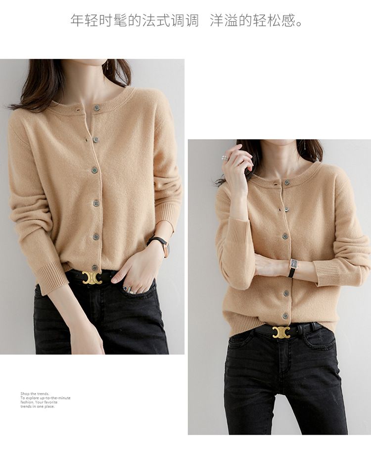 New round neck knitted cardigan for women in early autumn, loose fit, large size, thin design, solid color sweater, paired with a stylish base coat red M
