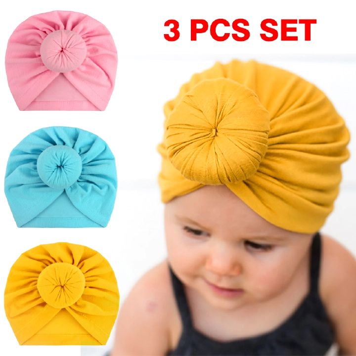 3 Pcs Cute Baby Turban Hat Cotton Soft Head Wraps Knotted Toddler Hat Newborn Caps Boys and Girls 3pcs one size