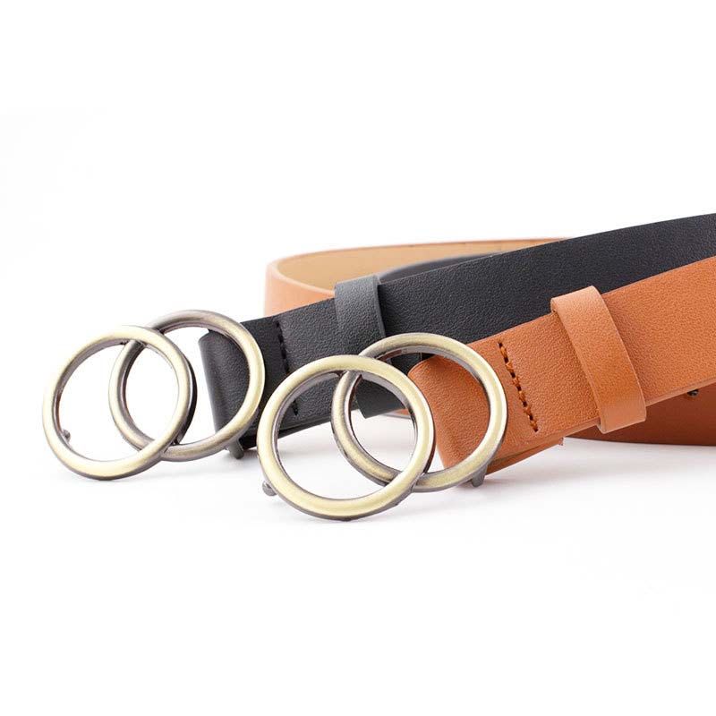 Double Ring Belts For Women Fashion Dress Jeans Belt PU Leather Metal Buckle Heart Pin Waist Belts Lady Girls Leisure Waistbands Black one size