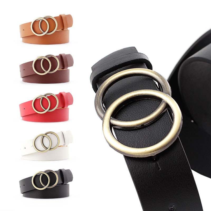Double Ring Belts For Women Fashion Dress Jeans Belt PU Leather Metal Buckle Heart Pin Waist Belts Lady Girls Leisure Waistbands Black one size