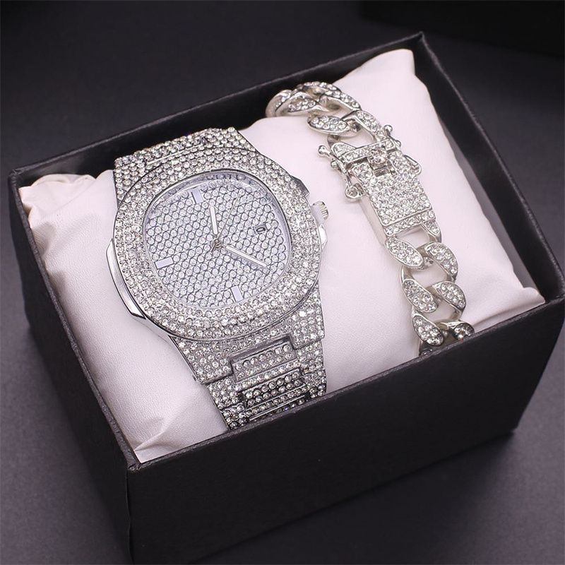 2Pcs/Set Hip Hop Men Diamond Watch +Bracelets Gold Iced Out Crystal Miami Cuban Chain Watch Men Luxury Iced Out Gold Watch+Gift Box +Bracelet Set silver set one set