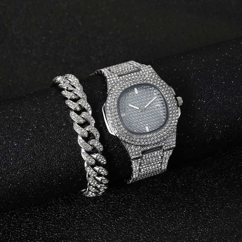 2Pcs/Set Hip Hop Men Diamond Watch +Bracelets Gold Iced Out Crystal Miami Cuban Chain Watch Men Luxury Iced Out Gold Watch+Gift Box +Bracelet Set silver set one set