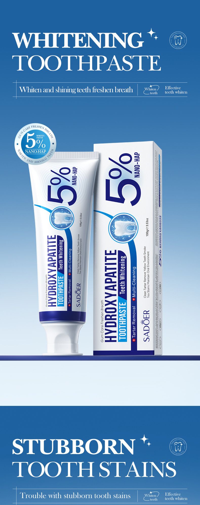 Hydroxyapatite whitening toothpaste, yellowing, toothstain removal, deodorization, cool and anti-cavity toothpaste White One pack