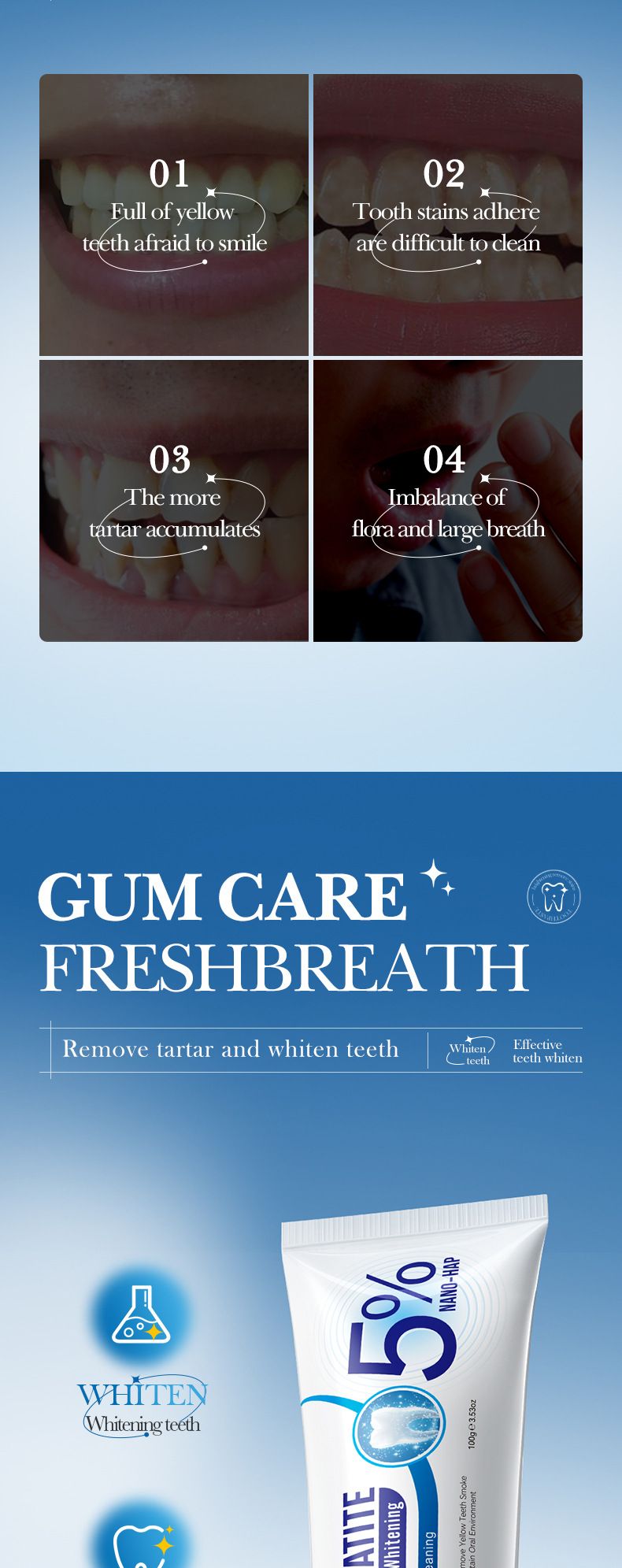 Hydroxyapatite whitening toothpaste, yellowing, toothstain removal, deodorization, cool and anti-cavity toothpaste White One pack