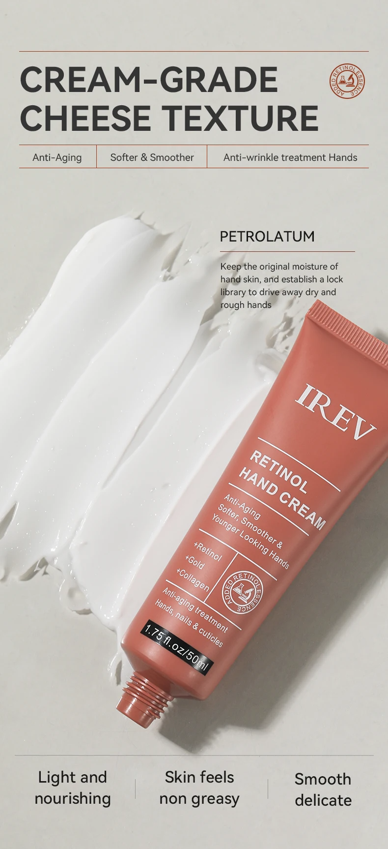 IREV Retinol Hand Cream - with Retinol Gold Collagen - Antiaging Hand Treatment Cream Softens Smoothes Protects Hands Nails Cuticles - For Younger Looking Hands Vitamin A Minimises Age Effect on Skin
