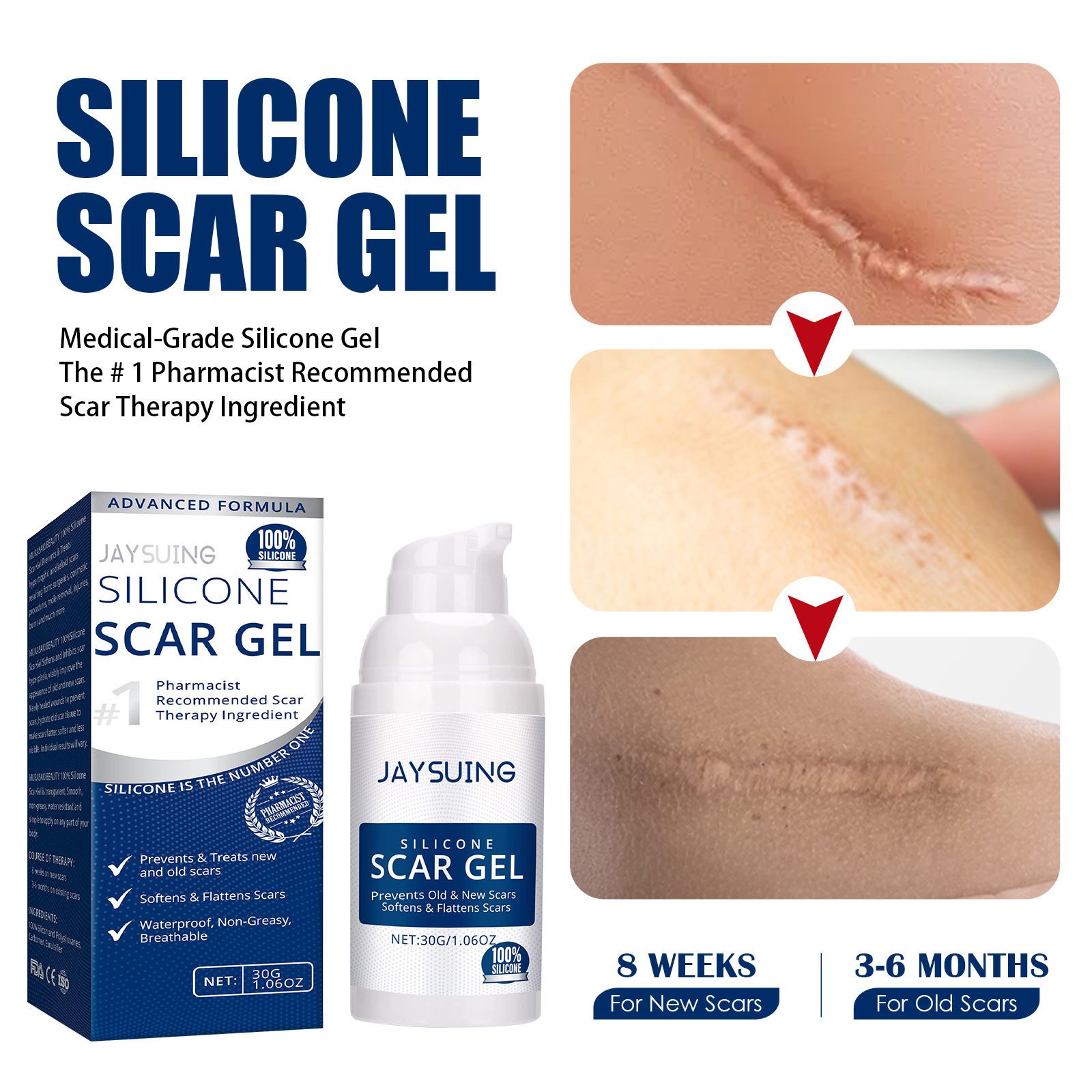 Advanced Scar Gel Medical-Grade Silicone for Face, Body, Stretch Marks, C-Sections, Surgical, Burn, Acne, Old & New Scars