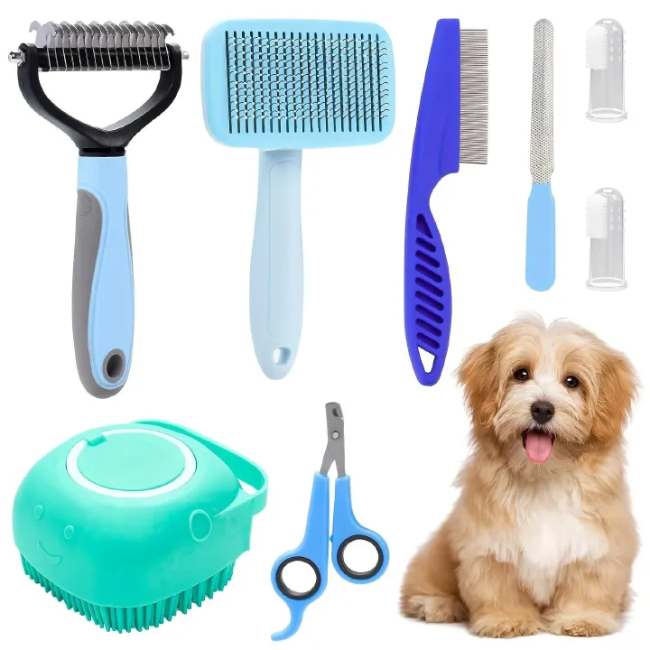8pcs Dog Brush Grooming Set Pet Cleaning Set Pet Nail Clippers & Files Pet Shampoo Brushes Hair Removal Brushes Toothbrush