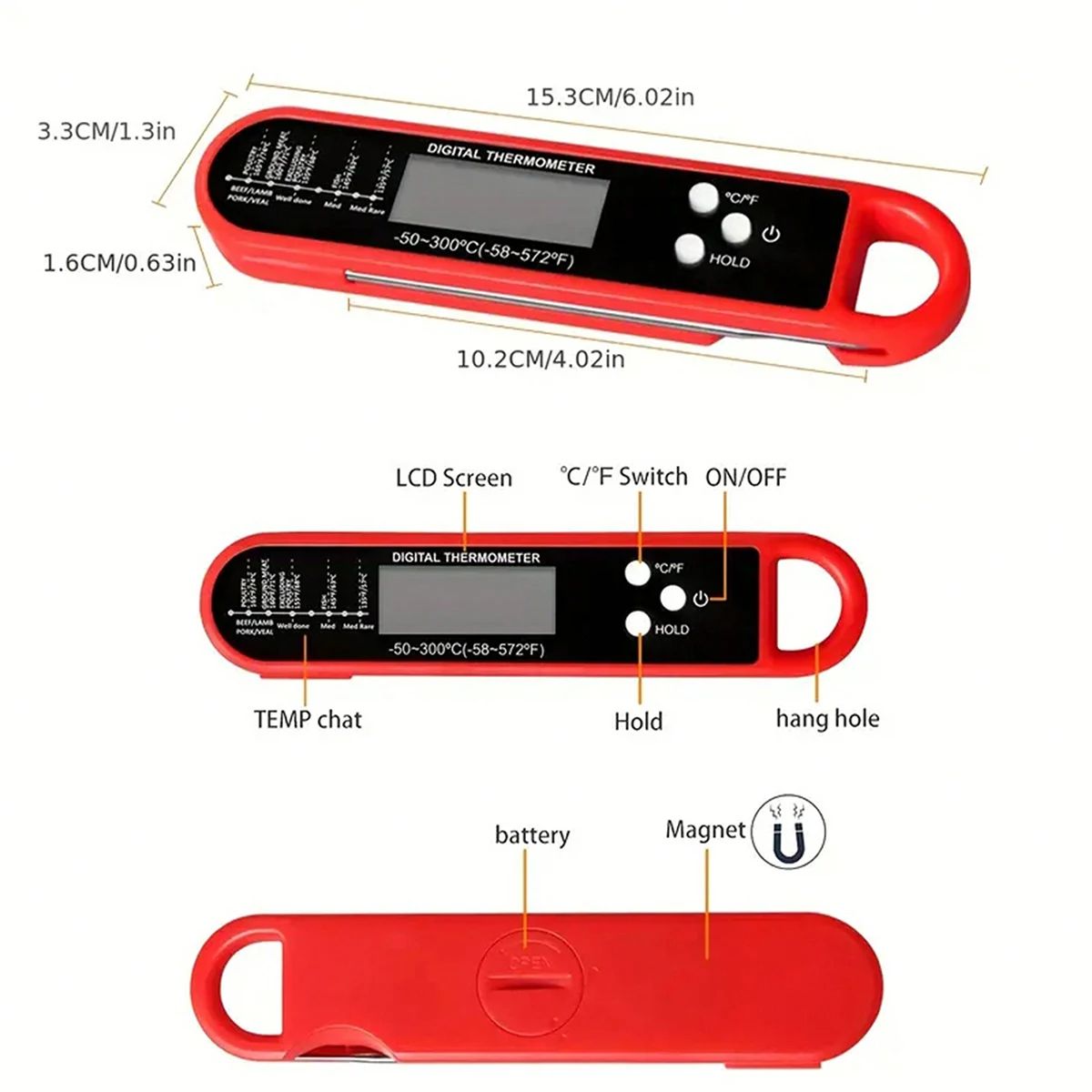 Digital Meat Thermometer Instant Read Waterproof Food BBQ Thermometer Backlight Calibration Thermometer Kitchen Outdoor Cooking