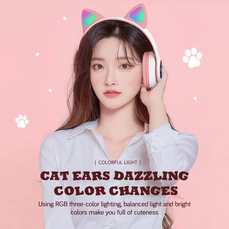 Flash Lamp Cute Cat Ears Headphone Bluetooth5.0 Stereo With Mic Support TF Card Wireless Kids Girl Earphone Birthday Gift