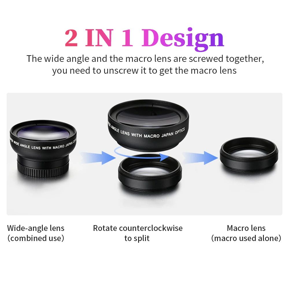 2 in 1 Lens Universal Clip 37mm Mobile Phone Lens Professional 0.45X 49Uv Super Wide-Angle + Macro Hd Lens for iPhone Android