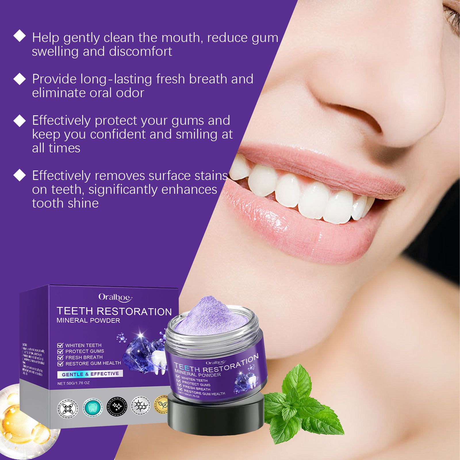 Teeth Restoration Mineral Powder Teeth Whitening Remove Stain Oral Clean Fresh Breath Improve Smell Purple Bleaching Toothpaste