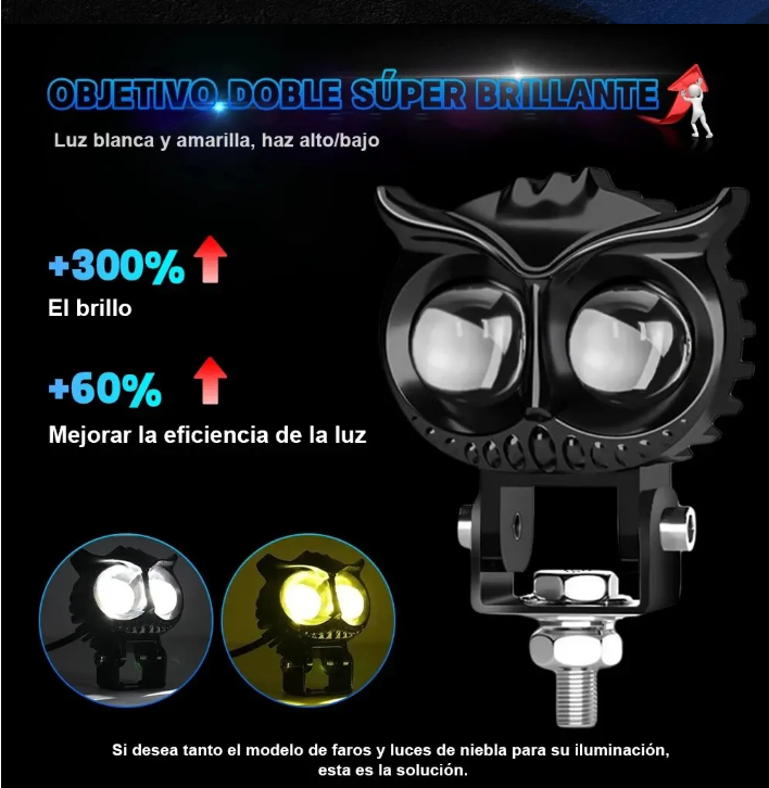Owl car headlights, motorcycle headlights, yellow and white dual color LED spotlights, driving assistance fog lights, car UTV, t