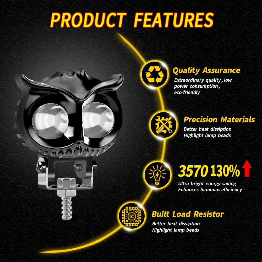 Owl car headlights, motorcycle headlights, yellow and white dual color LED spotlights, driving assistance fog lights, car UTV, t