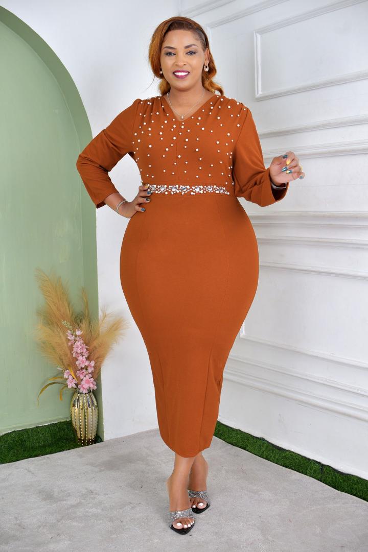 Elegant Full-Length Curve-Hugging Luxe Midi Dress with Pearl and Gem Embellished Bodice and Waistline – A Timeless Formal Statement for Weddings, Dinners, and Celebrations
