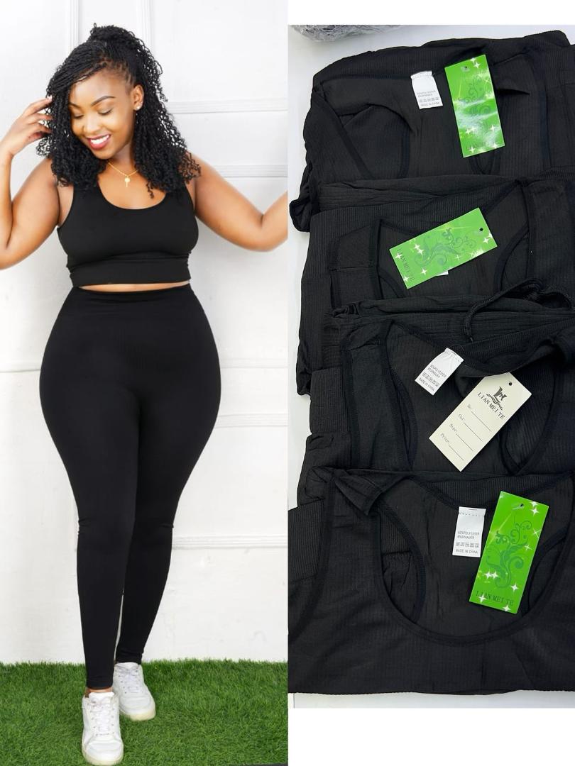 SleekFit All-Black Stretchy Ribbed Long Sleeve Crop Top and High-Waisted Body-Shaping Leggings Activewear Set for Gym, Daily Wear, and Street Style