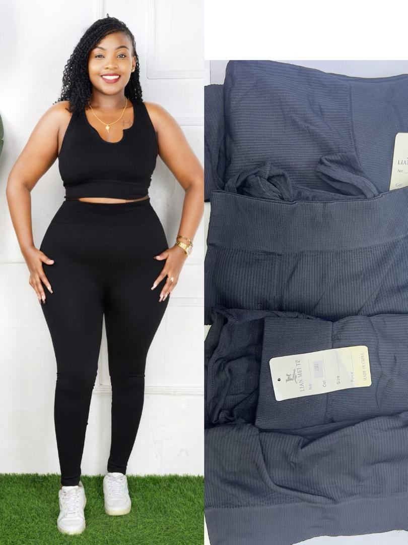 SleekFit All-Black Stretchy Ribbed Long Sleeve Crop Top and High-Waisted Body-Shaping Leggings Activewear Set for Gym, Daily Wear, and Street Style