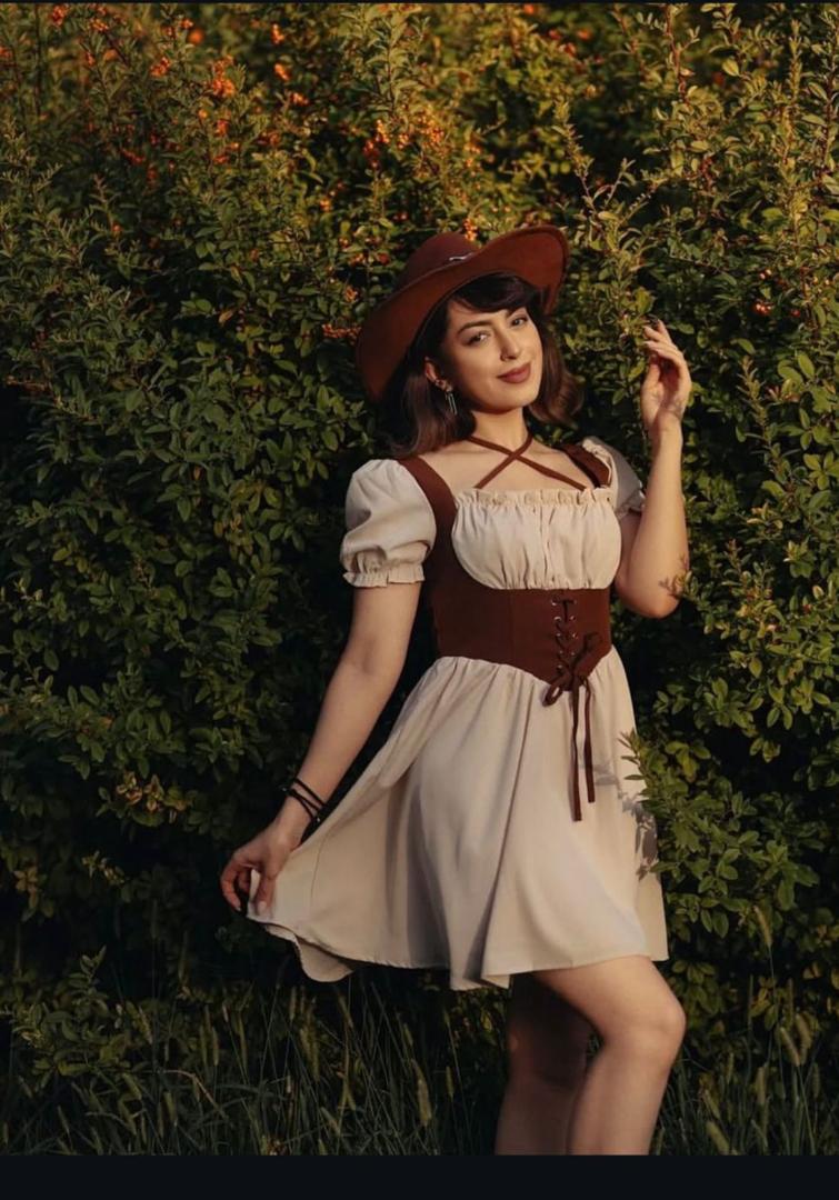 Vintage Country-Inspired Puff-Sleeve Mini Dress with Ruched Bodice, Adjustable Lace-Up Corset Waist, and Flowy A-Line Skirt – Soft Beige Rustic Chic Outfit for Garden Parties