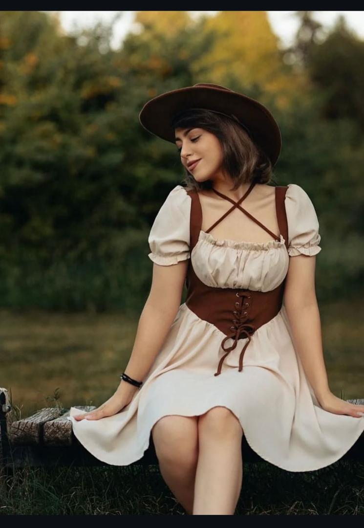 Vintage Country-Inspired Puff-Sleeve Mini Dress with Ruched Bodice, Adjustable Lace-Up Corset Waist, and Flowy A-Line Skirt – Soft Beige Rustic Chic Outfit for Garden Parties