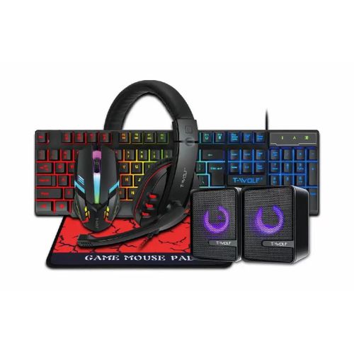 T-WOLF 5 in 1 Gaming Keyboard and Mouse Combo With Speakers, Mouse pad and Headphones