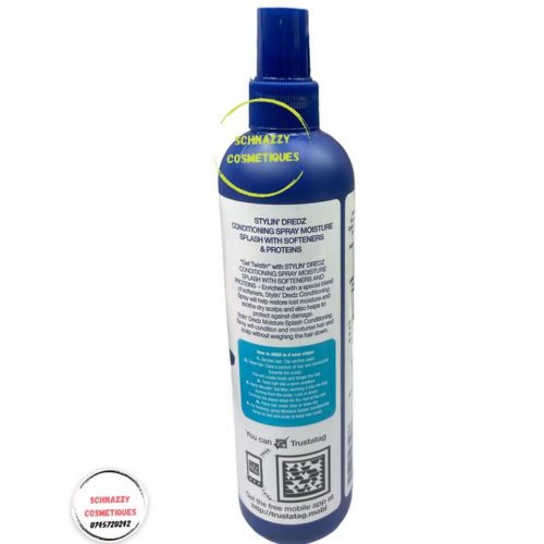 Moisture Splash Hair Spray Stylin dredz Conditioning Spray Moisture Splash with softeners and proteins for all your dreadlocs styling and natural hairstyles. Enriched with a special blend of softness,