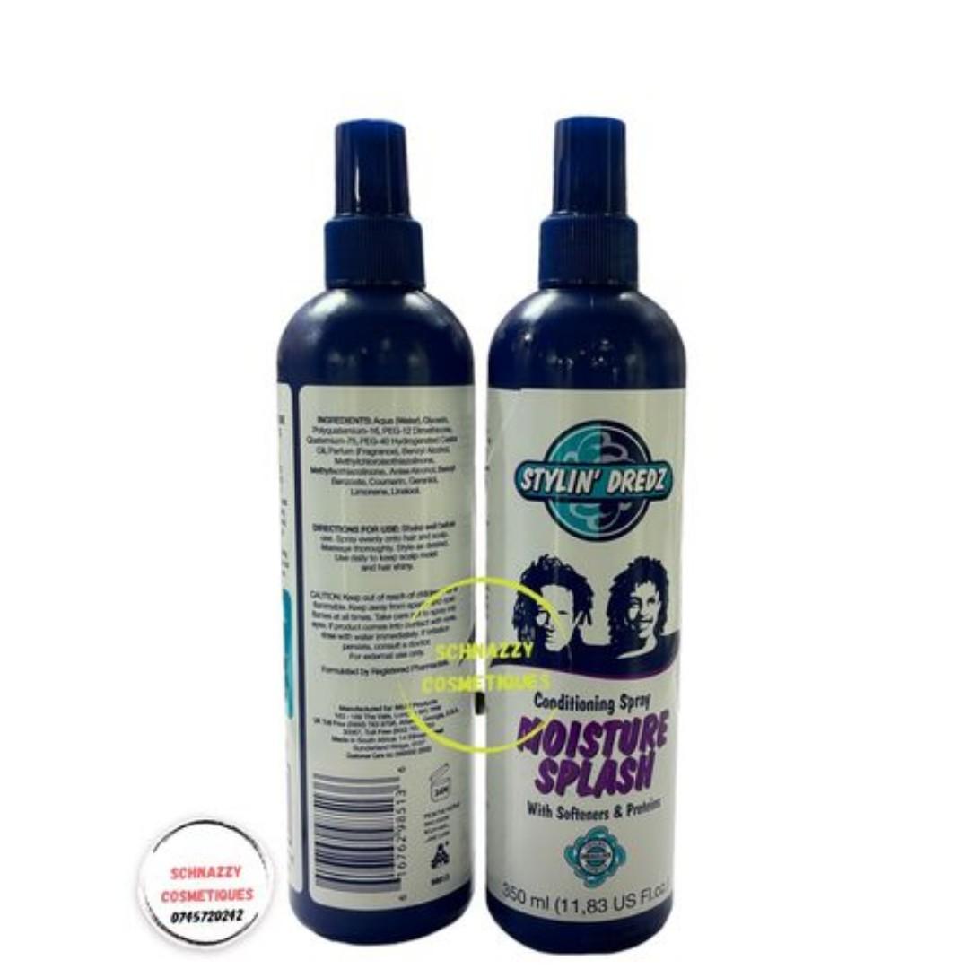 Moisture Splash Hair Spray Stylin dredz Conditioning Spray Moisture Splash with softeners and proteins for all your dreadlocs styling and natural hairstyles. Enriched with a special blend of softness,