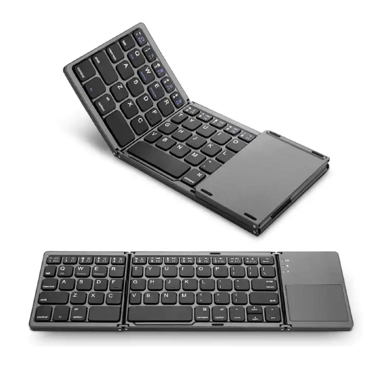 COMPACT FOLD-ABLE KEYBOARD RECHARGEABLE WITH TRACK-PAD USABLE WITH SMART DEVICES