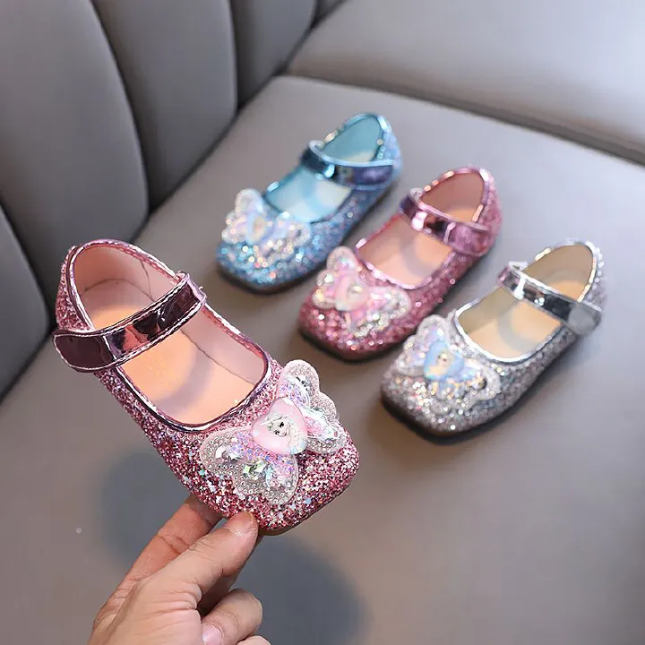 Frozen Princess Elsa Children Girls Fancy Sandals Shiny Flats Soft Bottom Open Toe Shoes Girls Dress Performance Princess Sandals
