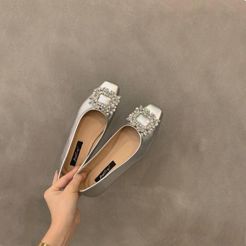 New style fairy wind square head flat bottom single shoes, French style, elegant rhinestone silver color Mary Jane shoes for women.