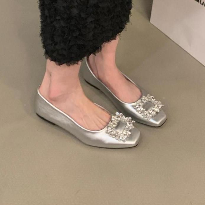 New style fairy wind square head flat bottom single shoes, French style, elegant rhinestone silver color Mary Jane shoes for women.
