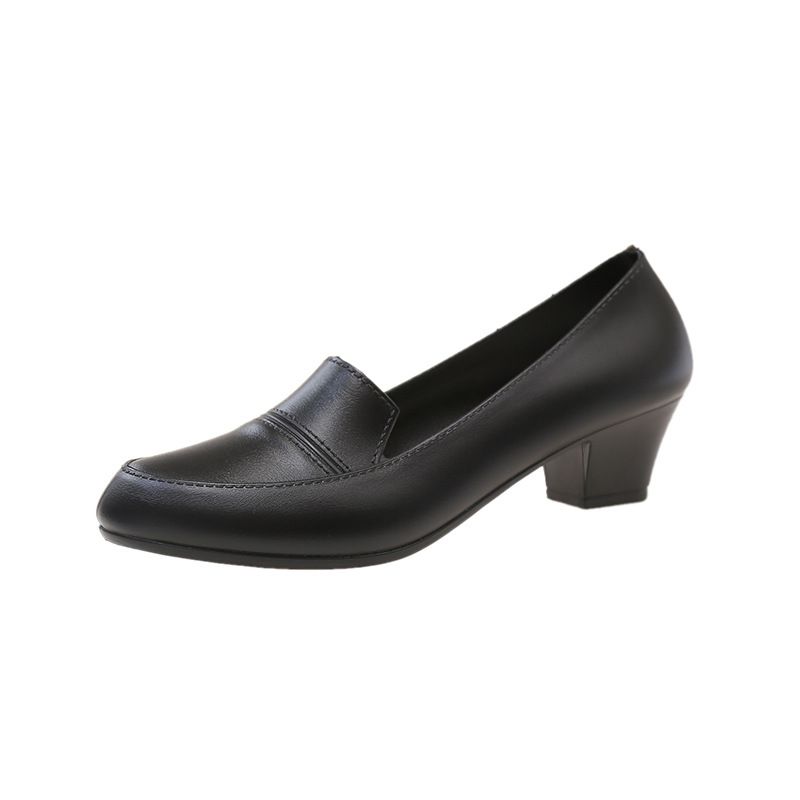 Solid-color trendy pointed-toe flats for women, trendy black high-heeled shoes with thick heels, suitable for office wear.