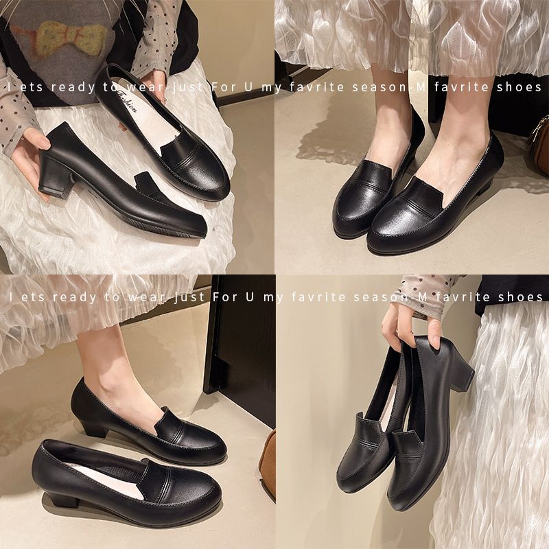 Solid-color trendy pointed-toe flats for women, trendy black high-heeled shoes with thick heels, suitable for office wear.
