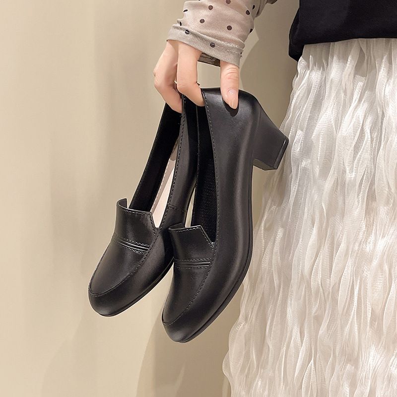 Solid-color trendy pointed-toe flats for women, trendy black high-heeled shoes with thick heels, suitable for office wear.
