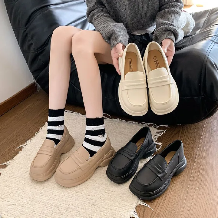 High-top white sneakers for women, new style, loafie-shaped, French retro British style, leather sole, slip-on single shoe