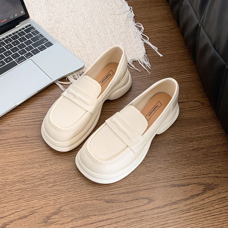 High-top white sneakers for women, new style, loafie-shaped, French retro British style, leather sole, slip-on single shoe