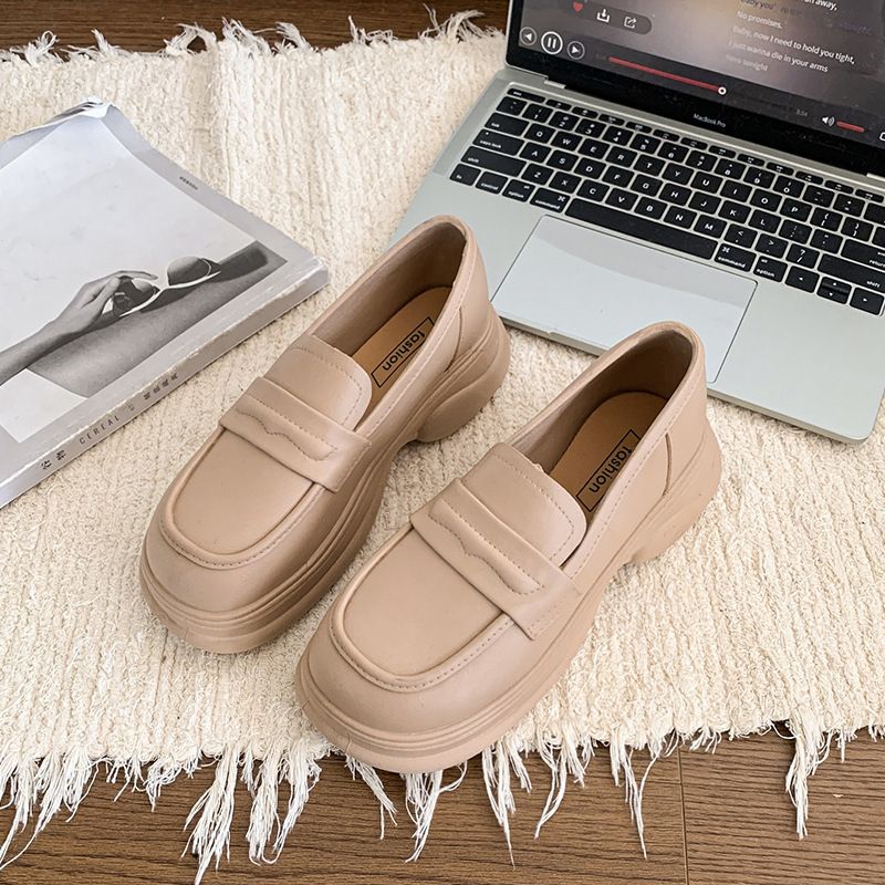 High-top white sneakers for women, new style, loafie-shaped, French retro British style, leather sole, slip-on single shoe