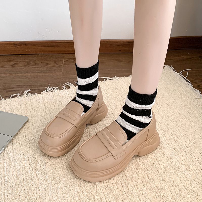 High-top white sneakers for women, new style, loafie-shaped, French retro British style, leather sole, slip-on single shoe
