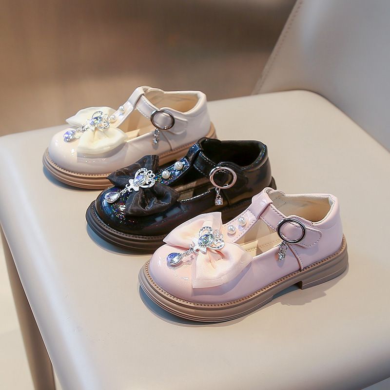 Girls' New Style Priced Plain Color Bowknot Pearl Diamond Soft-Topped Princess Single Shoes for Children's Children's Shoes