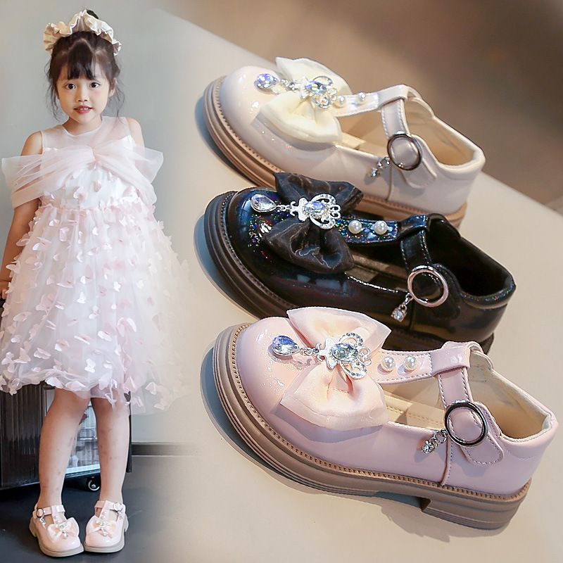 Girls' New Style Priced Plain Color Bowknot Pearl Diamond Soft-Topped Princess Single Shoes for Children's Children's Shoes