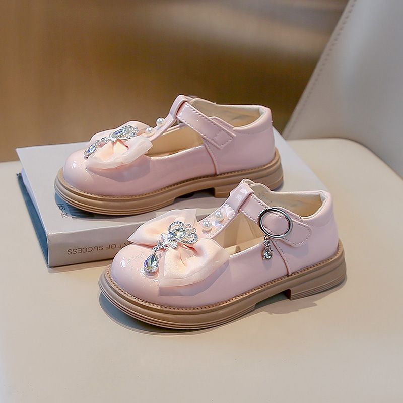Girls' New Style Priced Plain Color Bowknot Pearl Diamond Soft-Topped Princess Single Shoes for Children's Children's Shoes