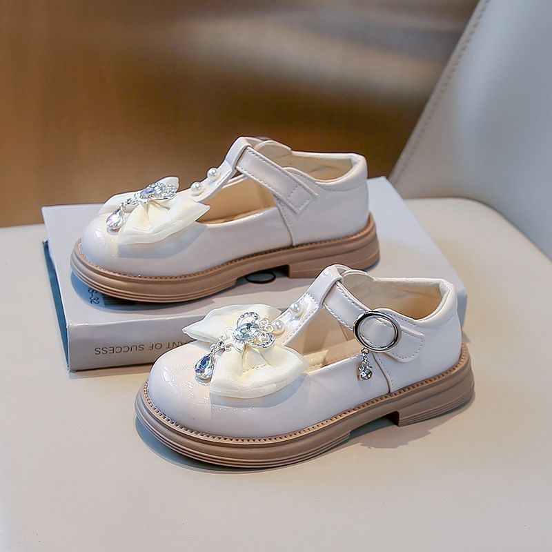 Girls' New Style Priced Plain Color Bowknot Pearl Diamond Soft-Topped Princess Single Shoes for Children's Children's Shoes