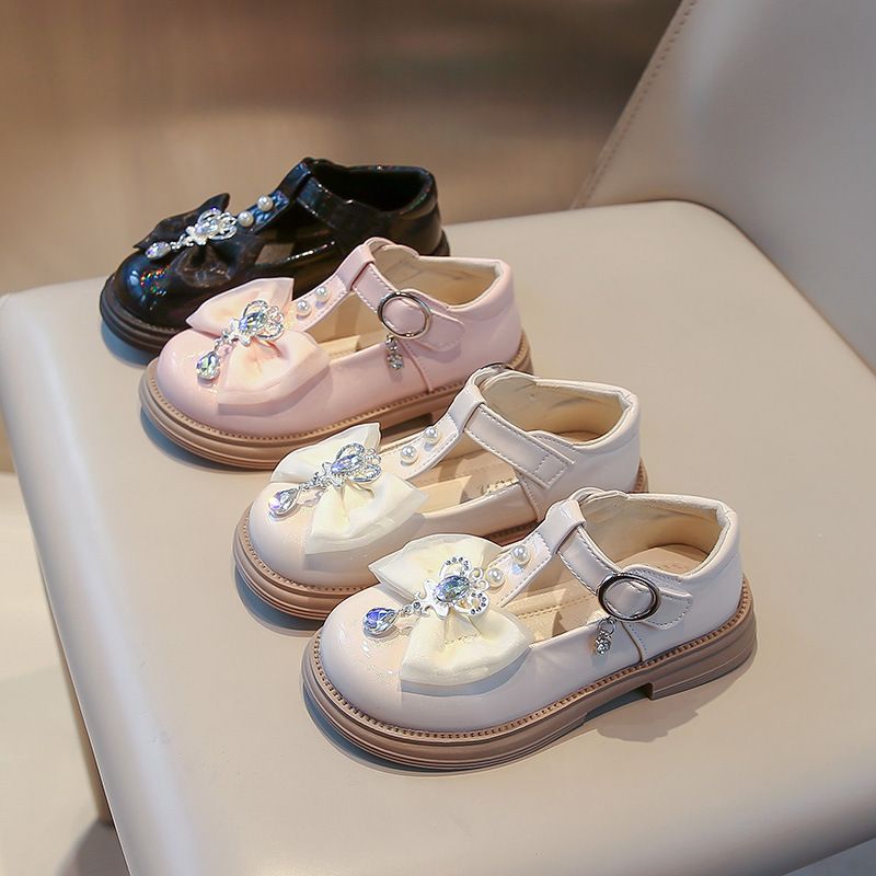 Girls' New Style Priced Plain Color Bowknot Pearl Diamond Soft-Topped Princess Single Shoes for Children's Children's Shoes